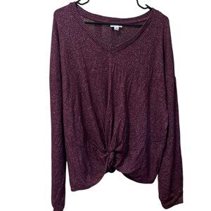 Women's purple, long-sleeved, V-neck sweater with a tie-front knot detail